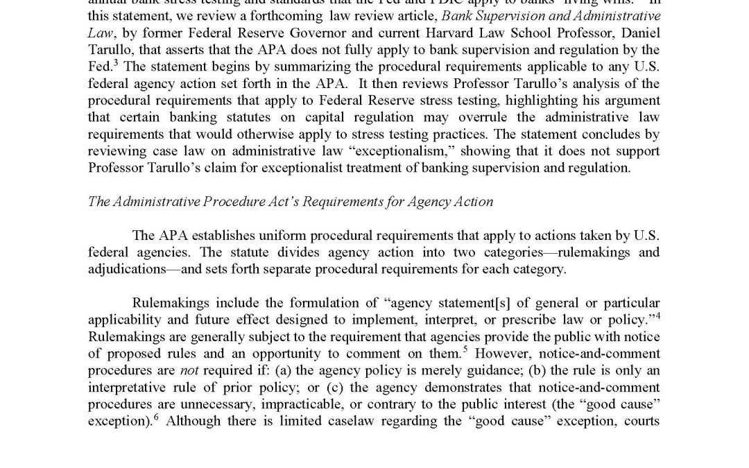 Statement on the Administrative Procedure Act and Banking Supervision