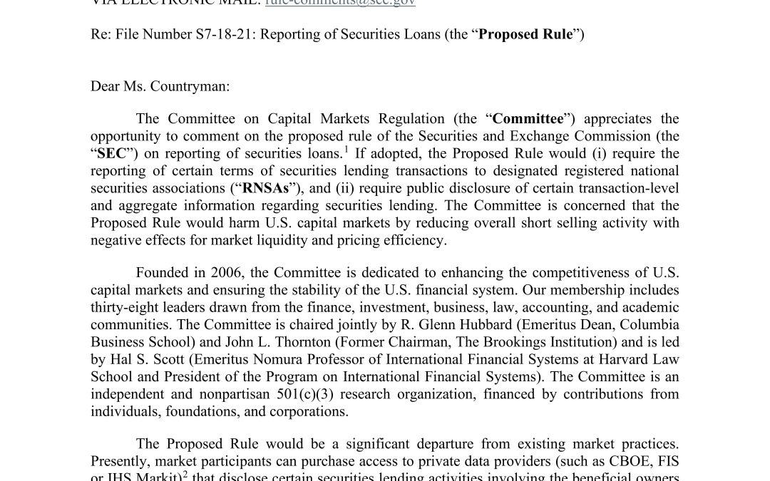 Comment Letter on the SEC’s Securities Lending Proposal