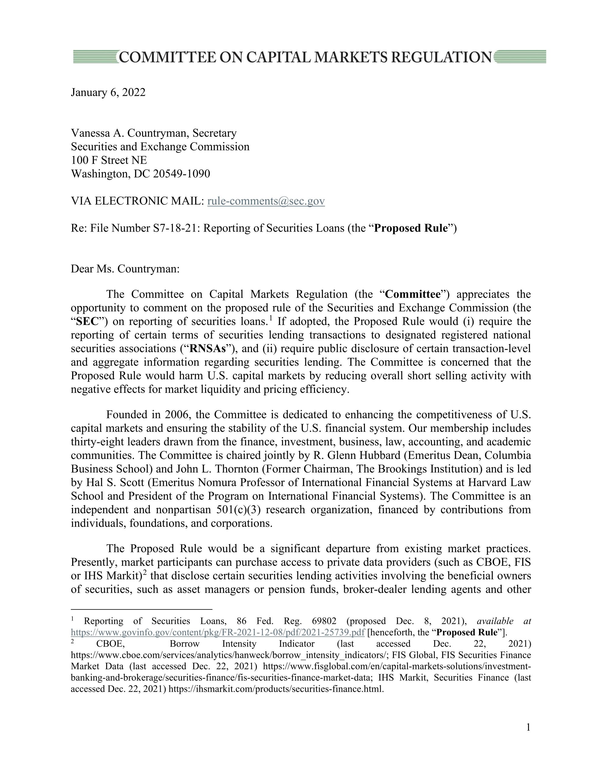 Comment Letter on the SEC’s Securities Lending Proposal