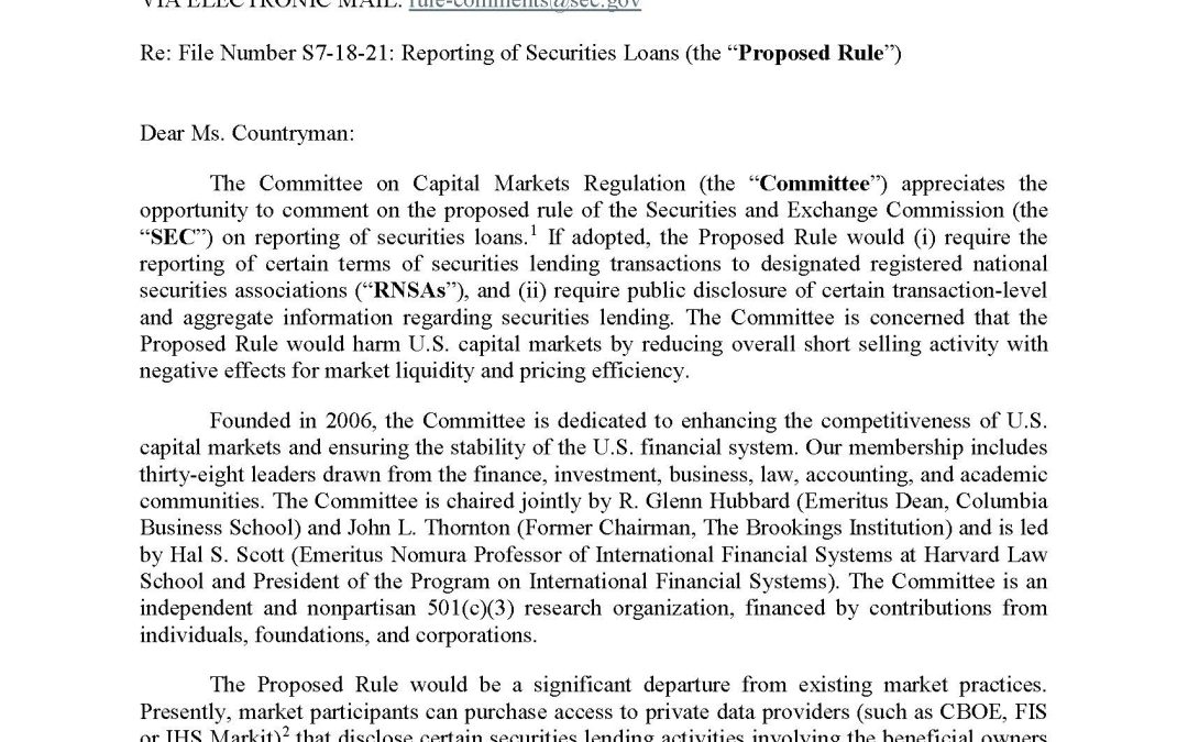 Comment Letter on the SEC’s Securities Lending Proposal