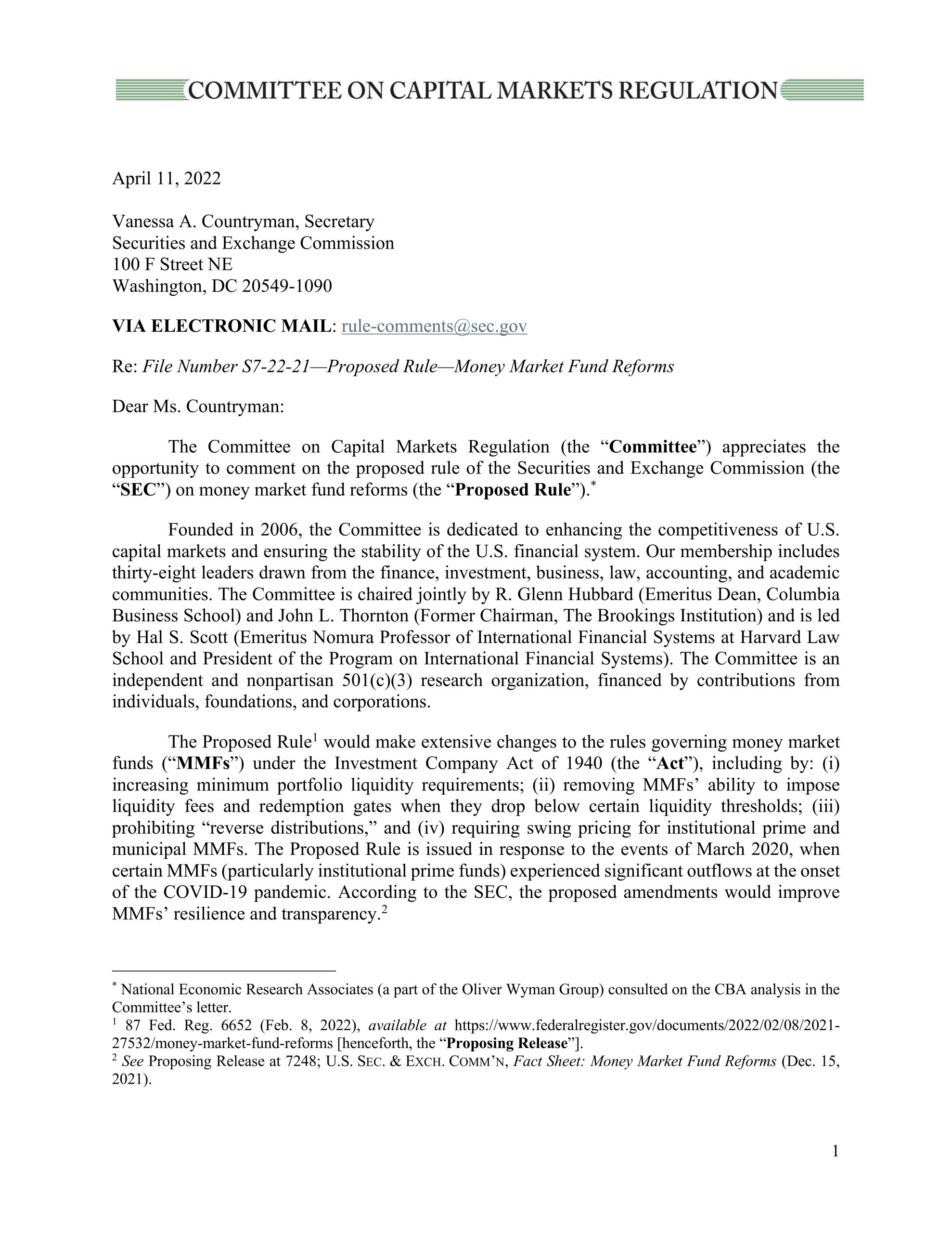 Comment Letter on the SEC’s Money Market Fund Proposal