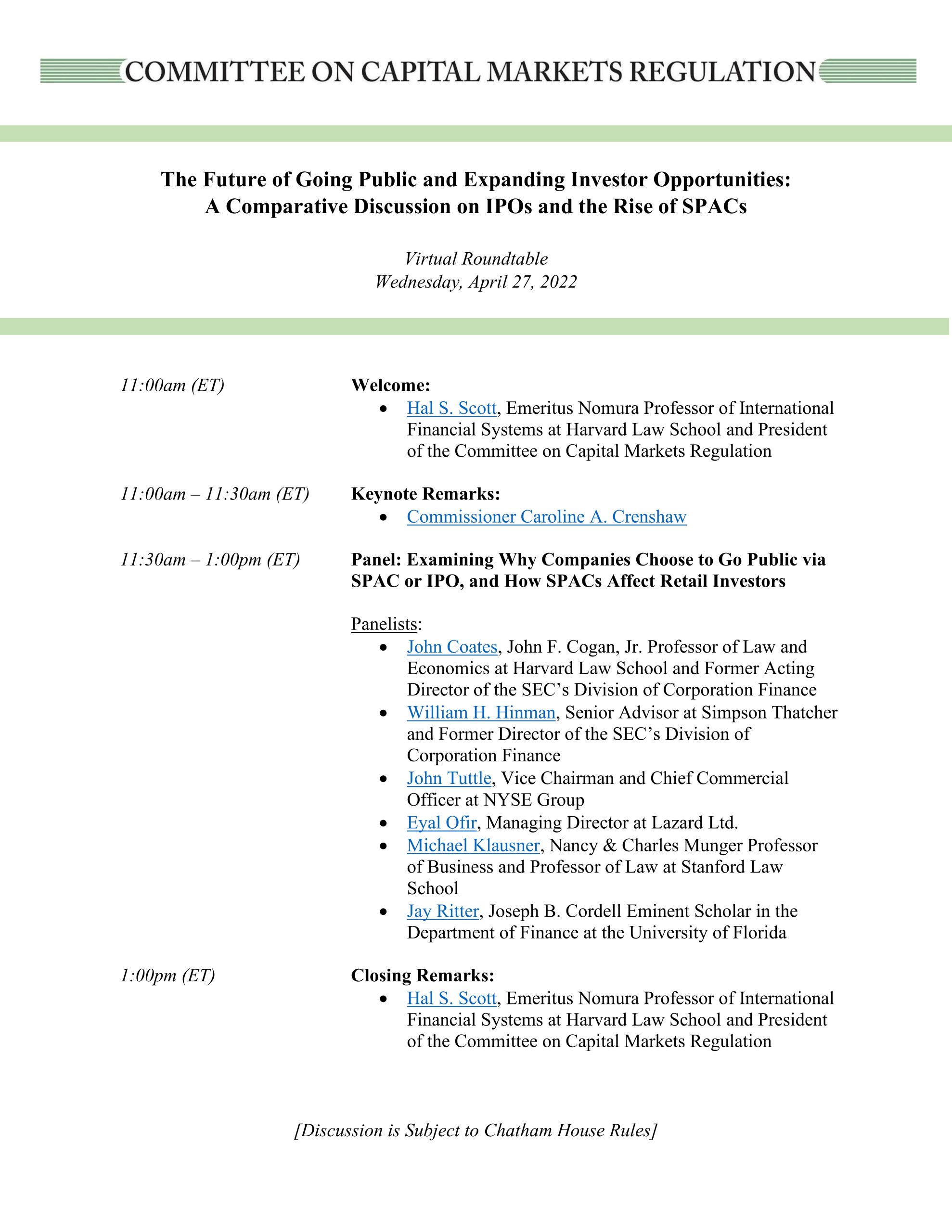 Committee Hosts Virtual Roundtable on IPOs and the Rise of SPACs