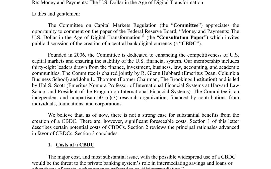 Comment Letter on the Fed’s CBDC Consultation Paper