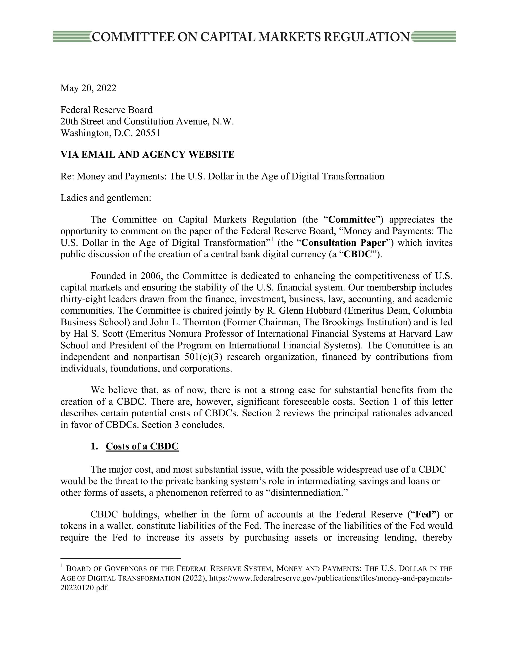 Comment Letter on the Fed’s CBDC Consultation Paper