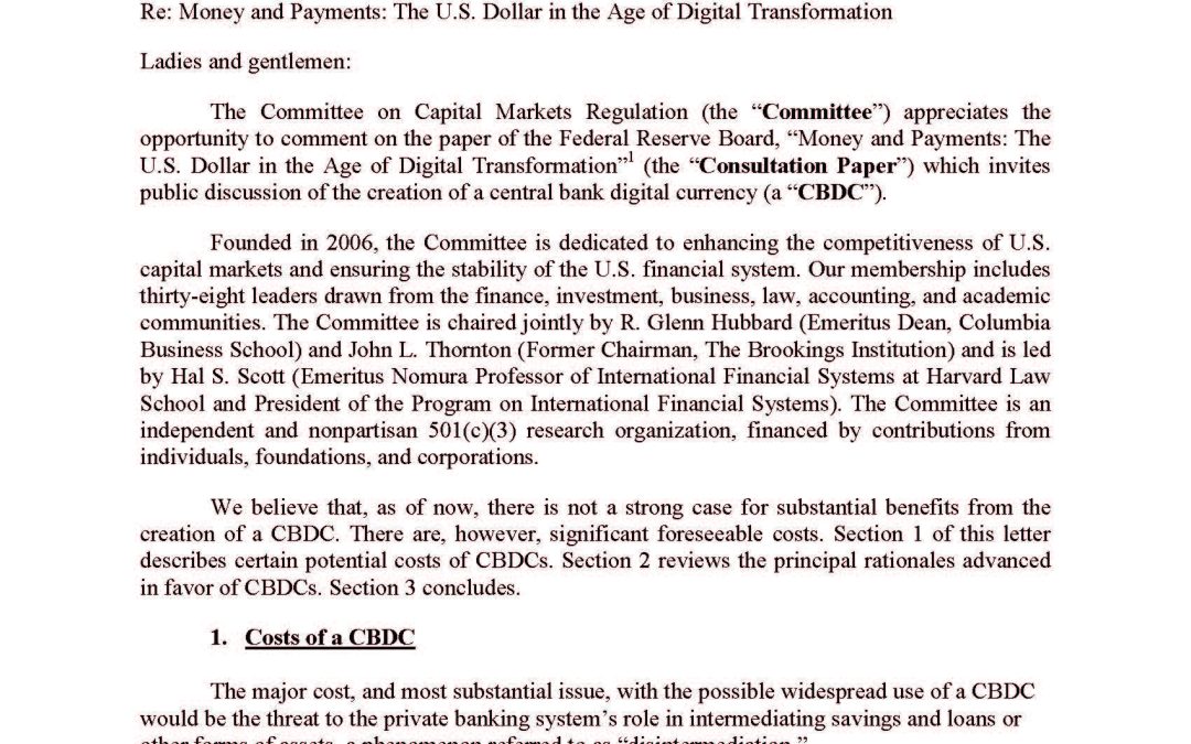 Comment Letter on the Fed’s CBDC Consultation Paper