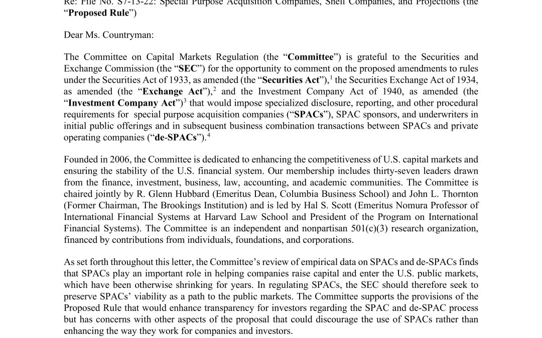 Comment Letter on the SEC’s Proposal on SPACs