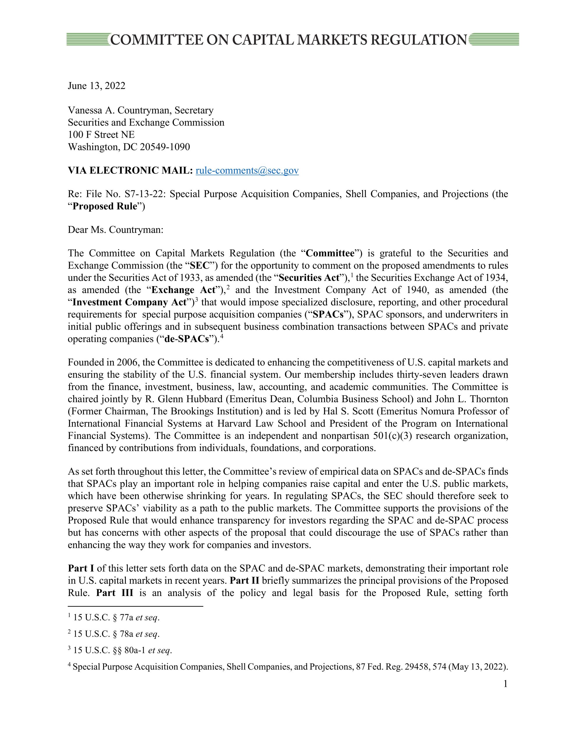Comment Letter on the SEC’s Proposal on SPACs