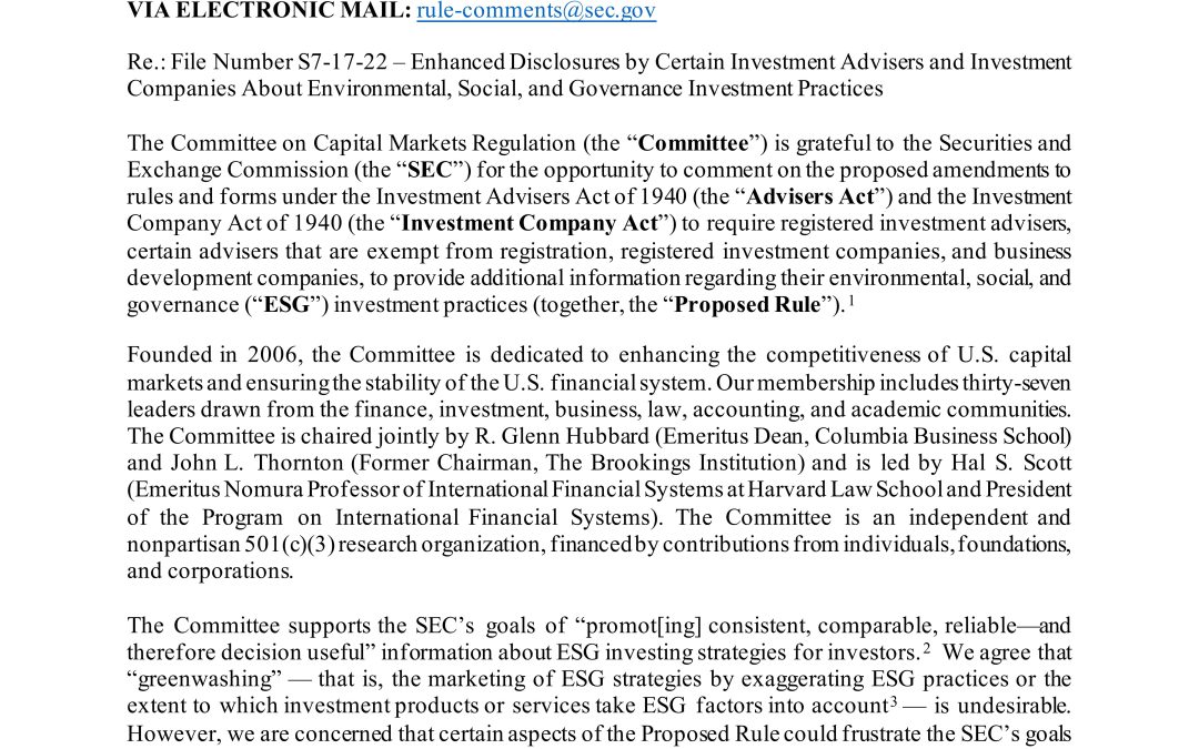 Comment Letter on the SEC’s ESG Fund Disclosure Proposal