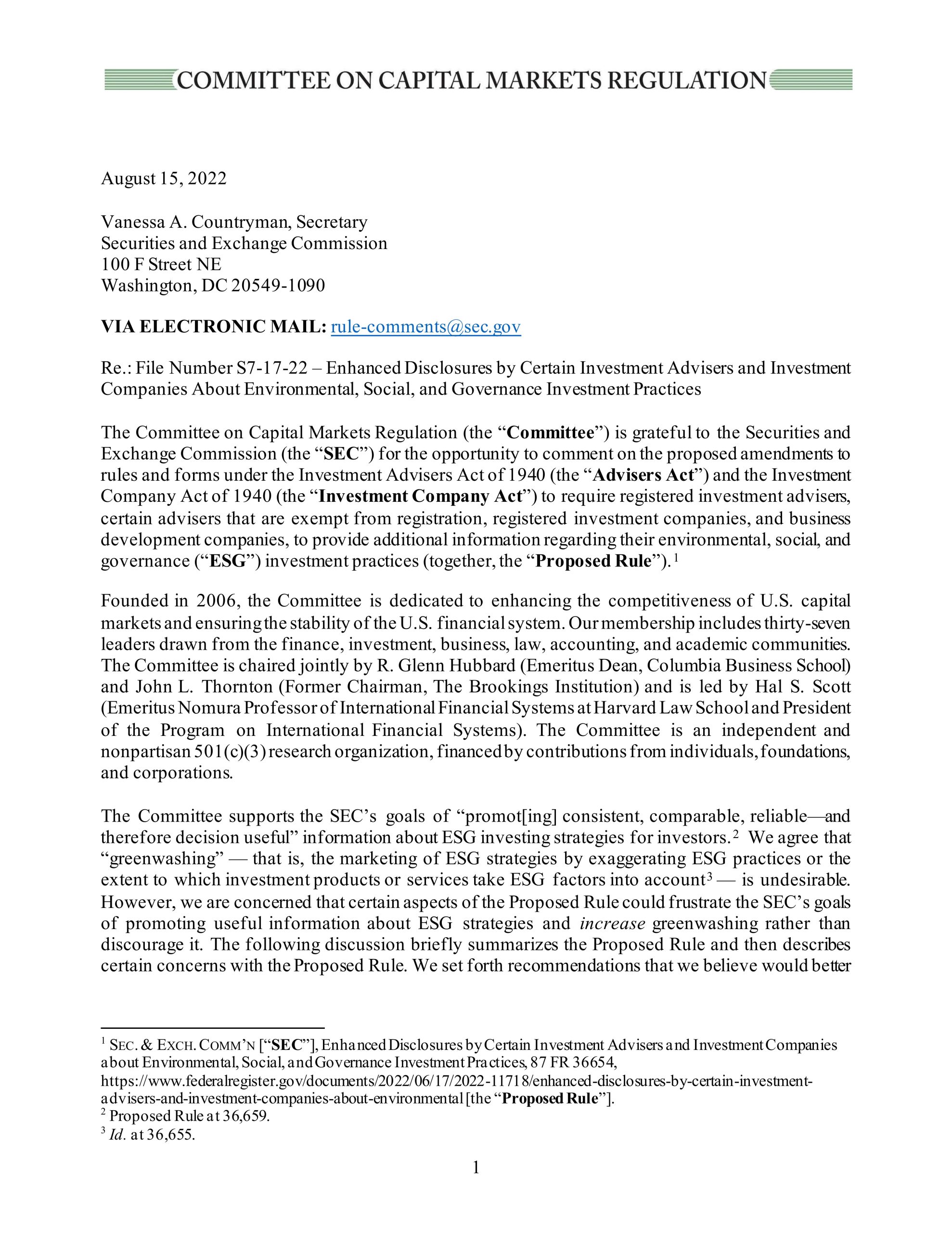 Comment Letter on the SEC’s ESG Fund Disclosure Proposal