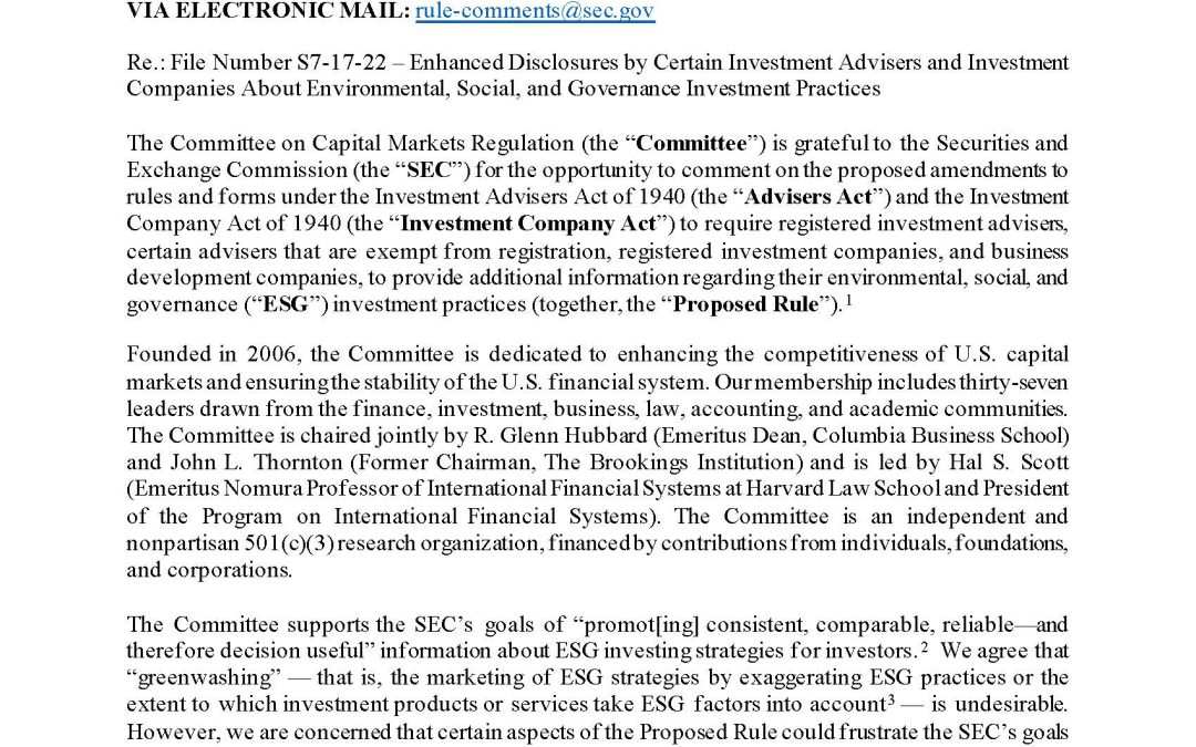 Comment Letter on the SEC’s ESG Fund Disclosure Proposal