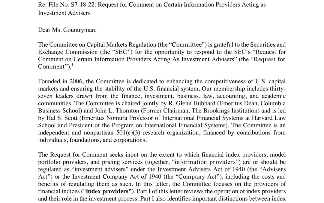 Response to SEC’s Request for Comment on Index Providers