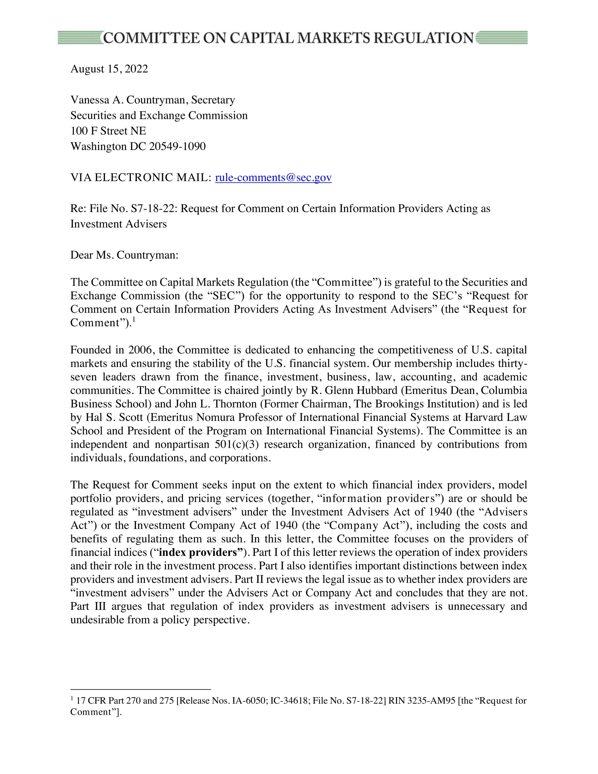 Response to SEC’s Request for Comment on Index Providers