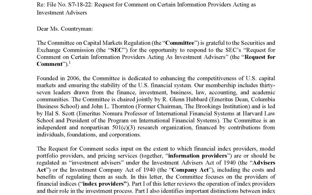 Response to SEC’s Request for Comment on Index Providers