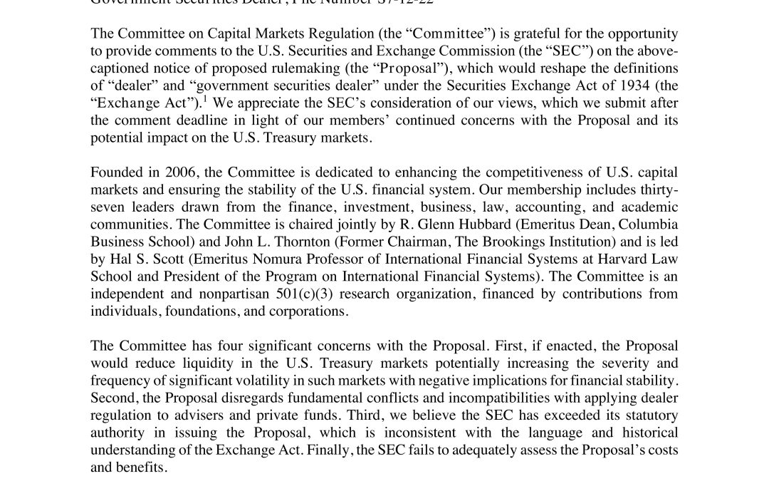 Comment Letter on the SEC’s Proposal to Redefine “Dealer” and “Government Securities Dealer”