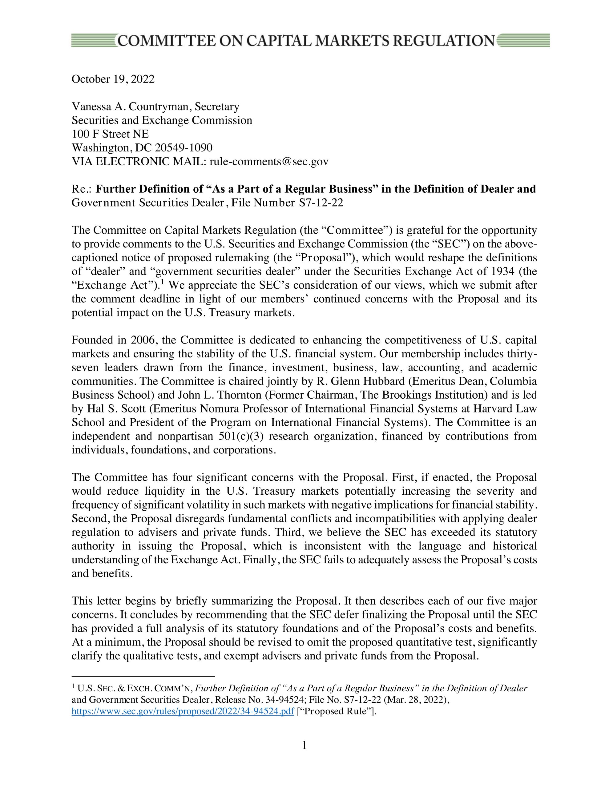 Comment Letter on the SEC’s Proposal to Redefine “Dealer” and “Government Securities Dealer”