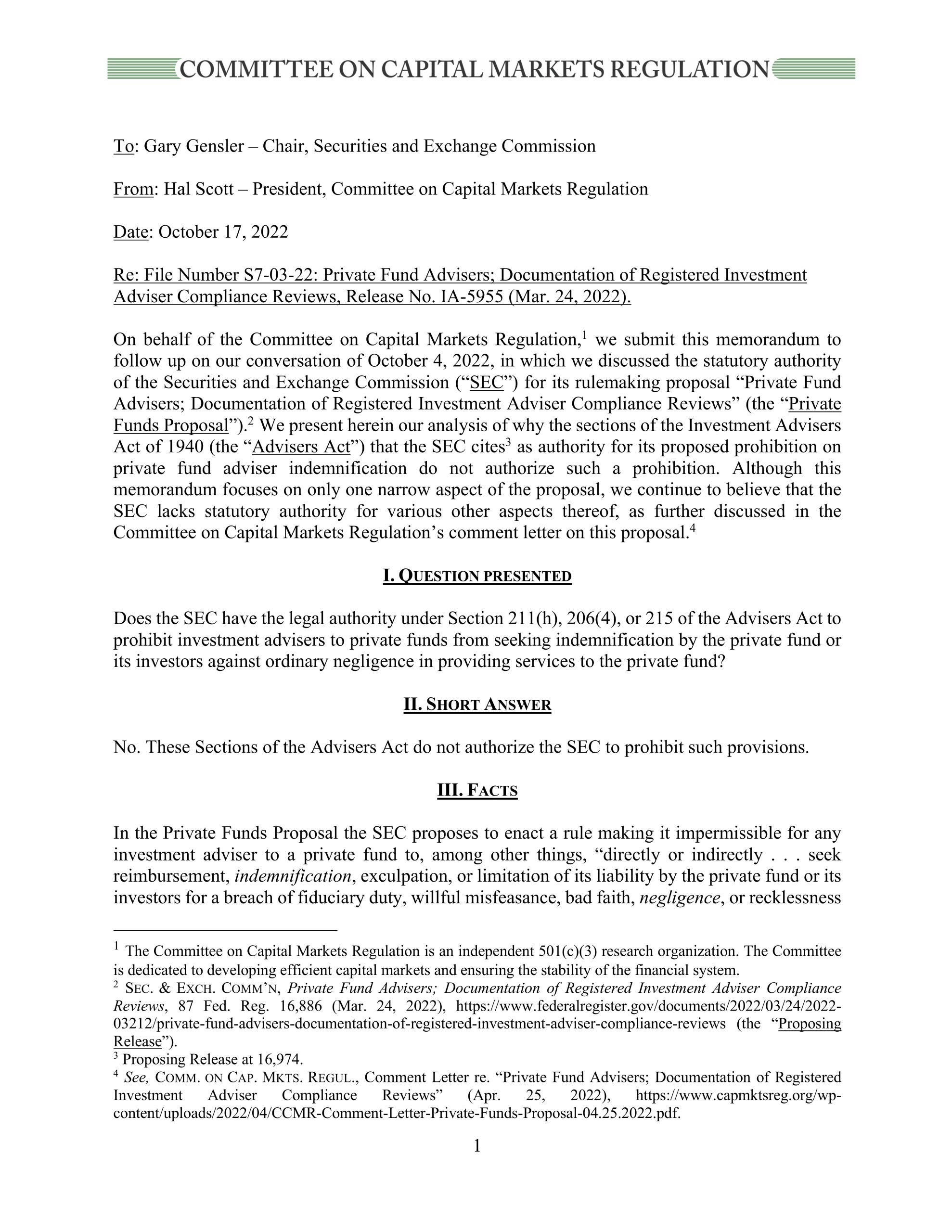 Legal Memorandum to Chair Gensler on the SEC’s Private Funds Proposal