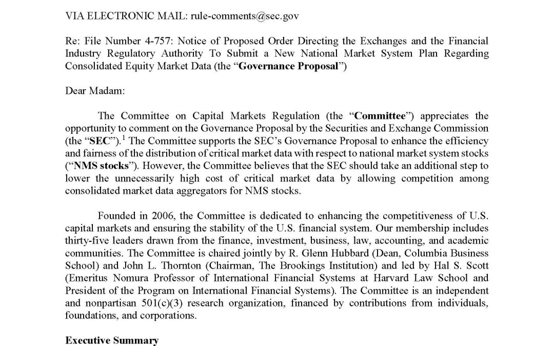 Comment Letter on SEC’s Proposed Order Directing Self-Regulatory Organizations to Submit a New National Market System Plan for Equity Market Data