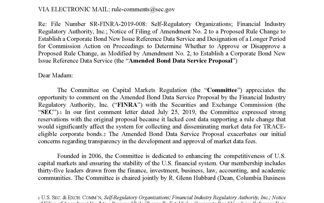 Second Comment Letter to SEC Regarding FINRA’s Amended Proposal to Establish a Corporate Bond Data Service