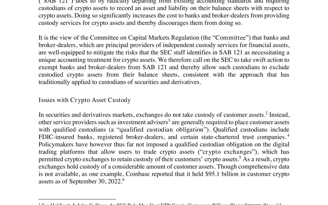 Statement on SEC Staff Accounting Bulletin No. 121 and Issues in Crypto Asset Custody