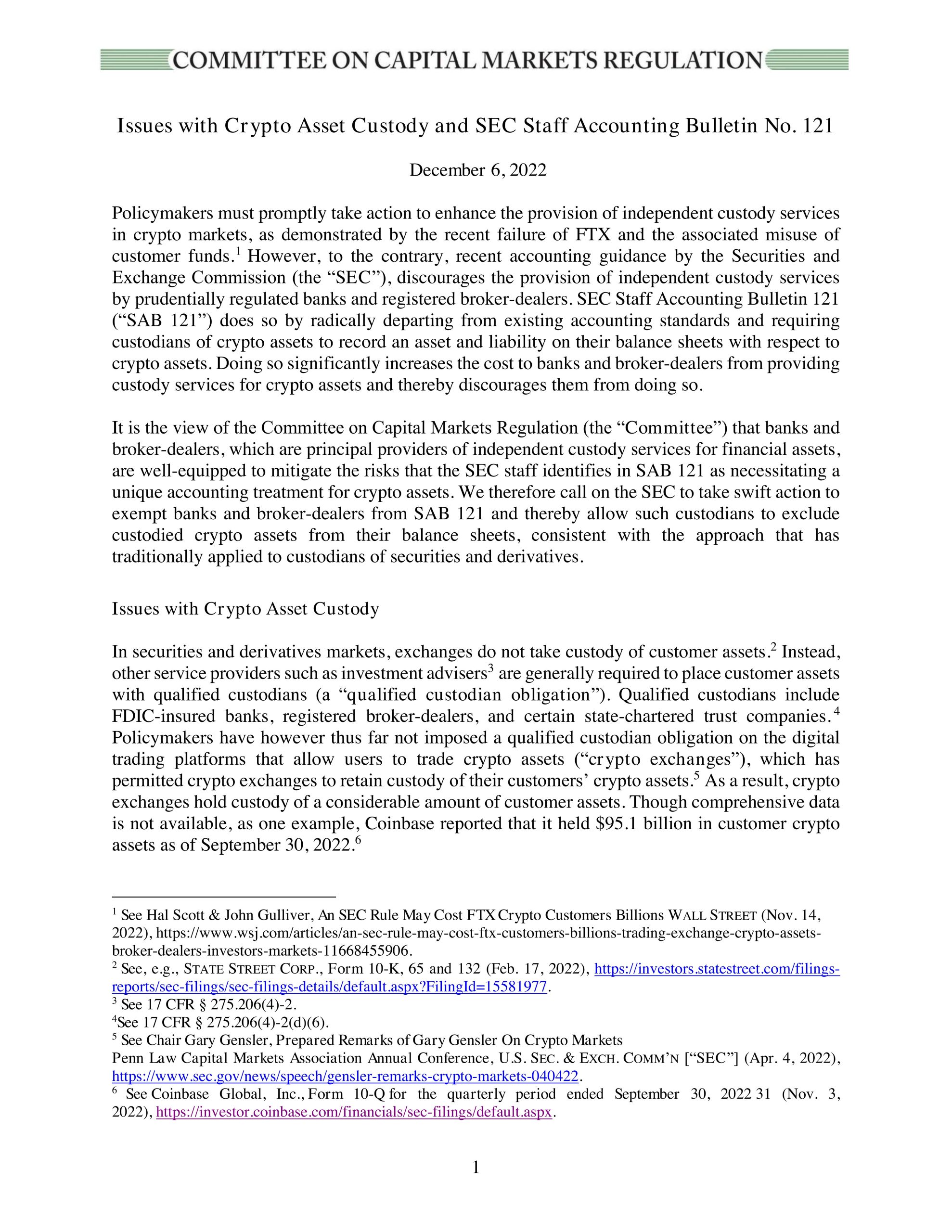 Statement on SEC Staff Accounting Bulletin No. 121 and Issues in Crypto Asset Custody
