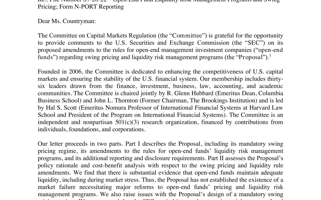Comment Letter on the SEC’s Open-End Fund Liquidity and Swing Pricing Proposal