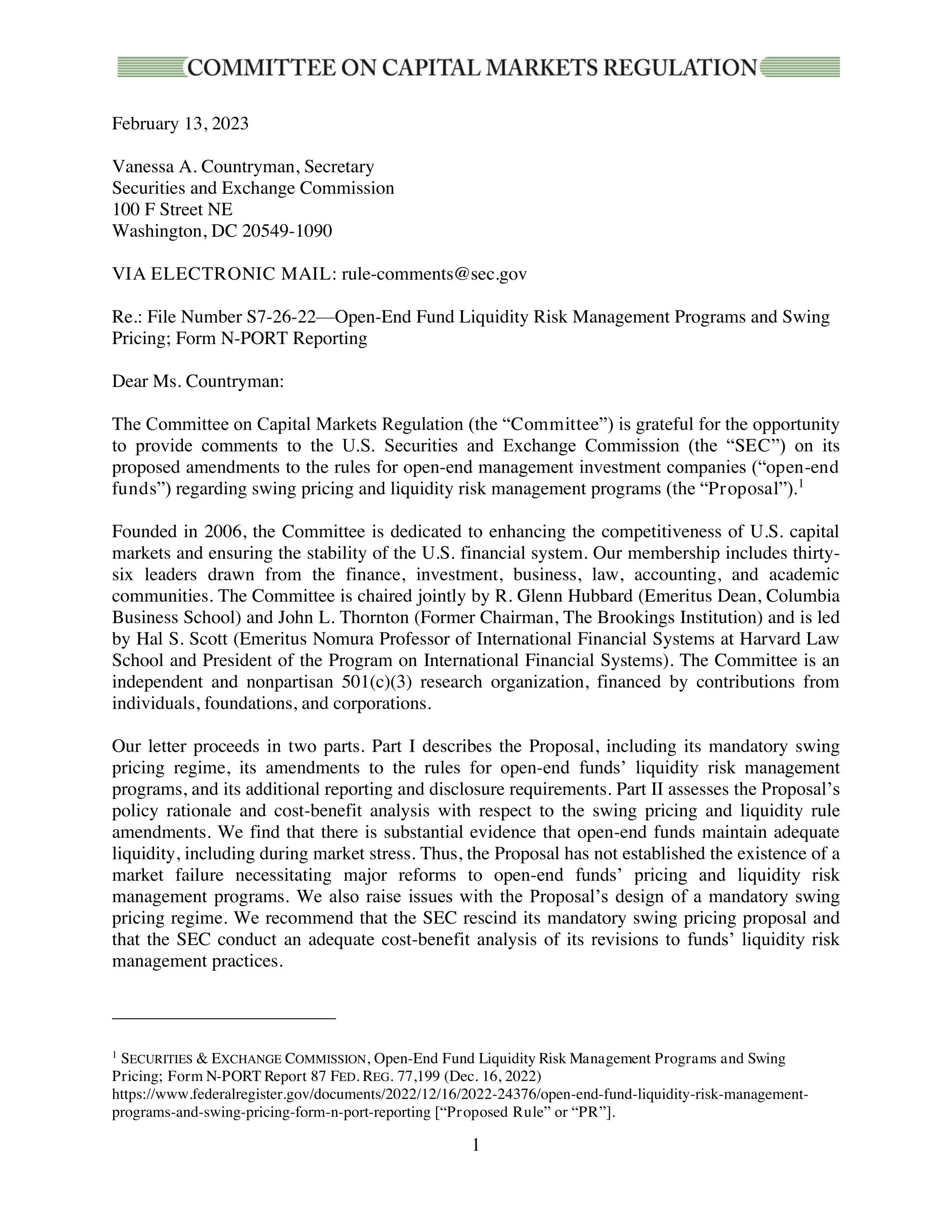 Comment Letter on the SEC’s Open-End Fund Liquidity and Swing Pricing Proposal
