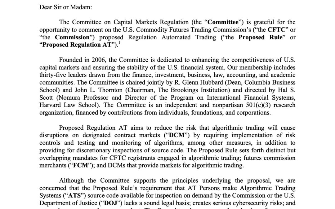 Comment Letter on CFTC’s Regulation Automated Trading Proposed Rule
