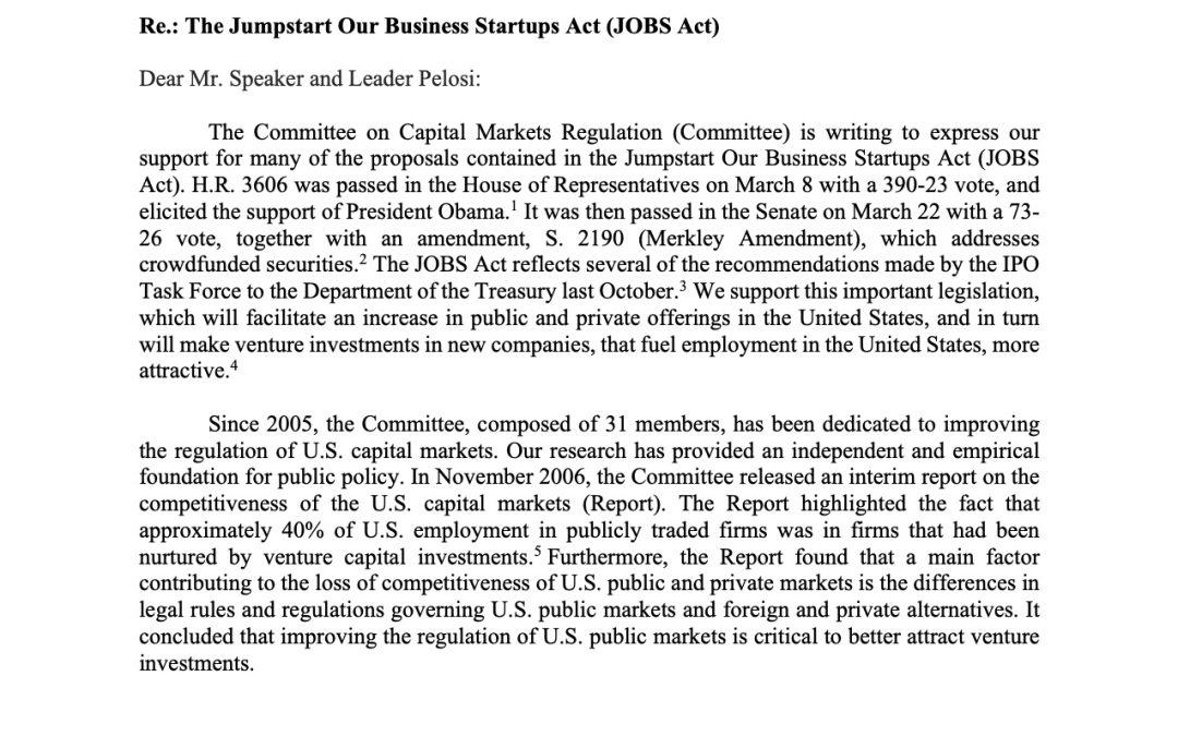 Comment Letter Regarding the Jumpstart Our Business Startups Act (JOBS Act)