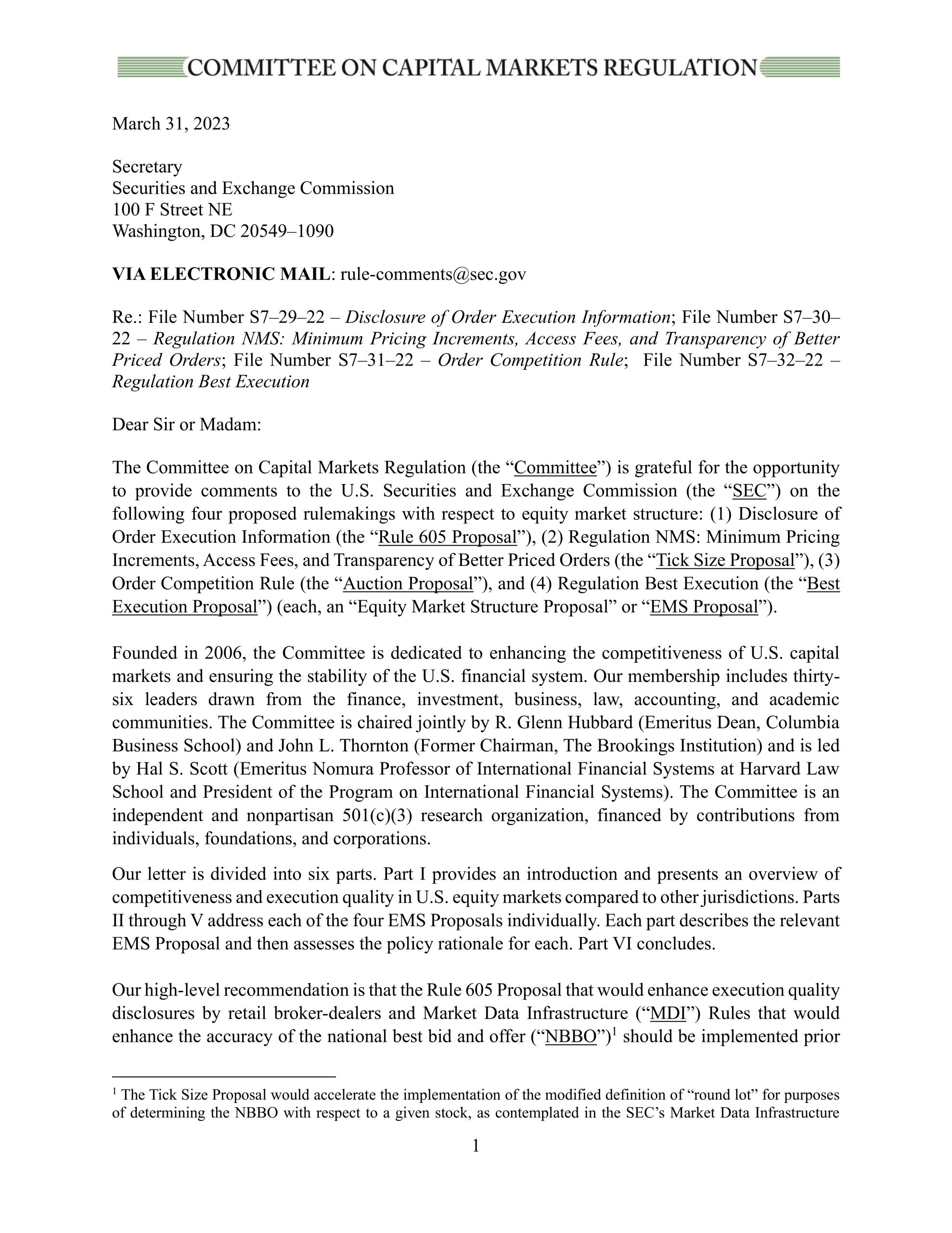 Comment Letter on the SEC’s Equity Market Structure Proposals