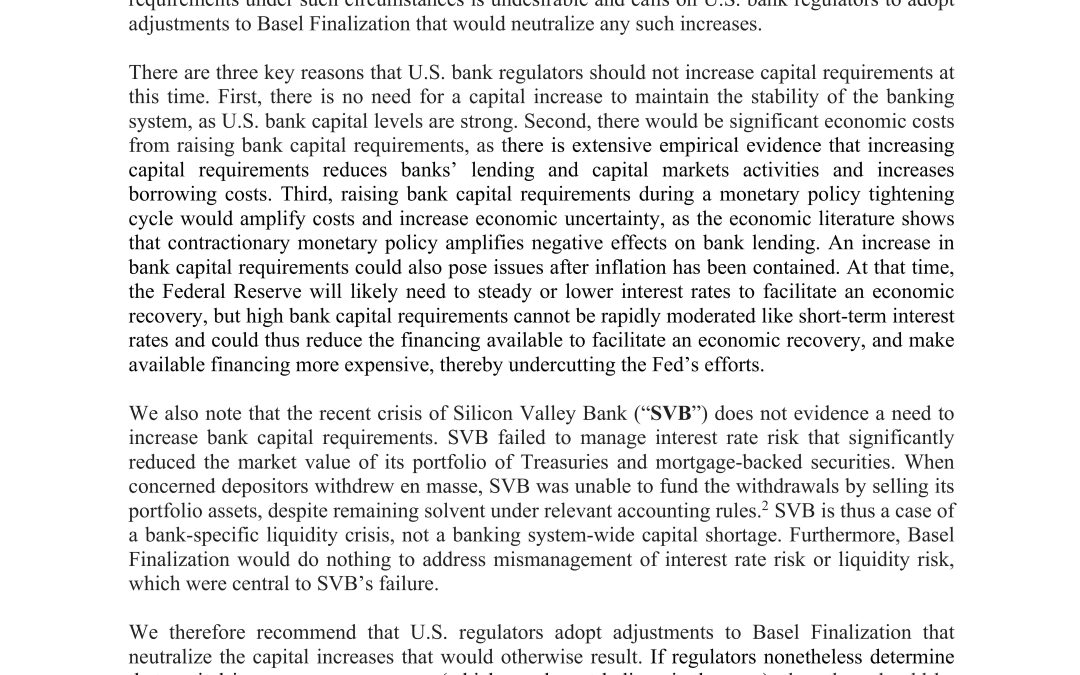 Statement on Basel Finalization and U.S. Bank Capital Requirements