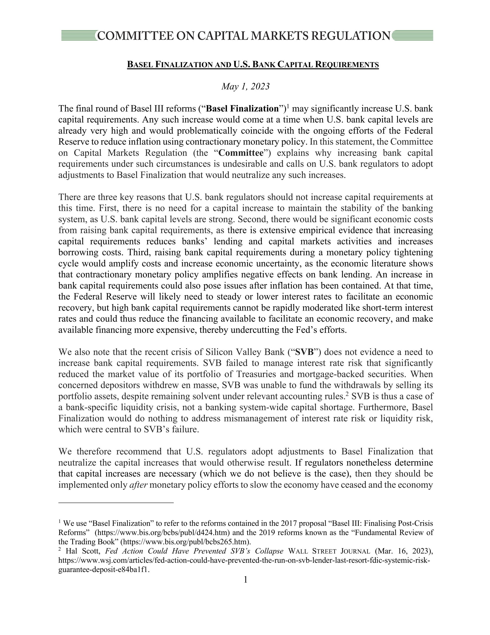 Statement on Basel Finalization and U.S. Bank Capital Requirements