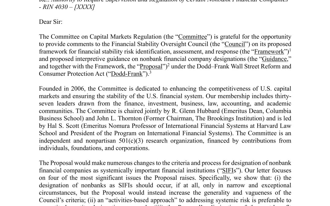 Comment Letter on FSOC’s Nonbank Financial Company Designation Proposal