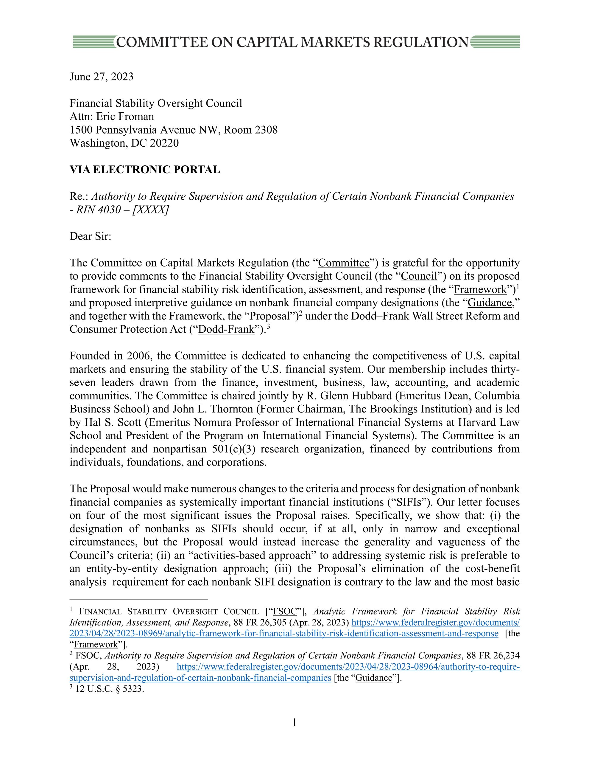 Comment Letter on FSOC’s Nonbank Financial Company Designation Proposal