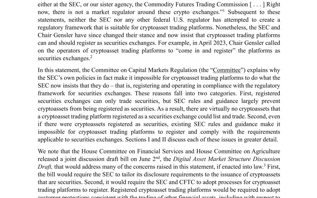 Cryptoasset Trading Platforms Cannot Register as Securities Exchanges