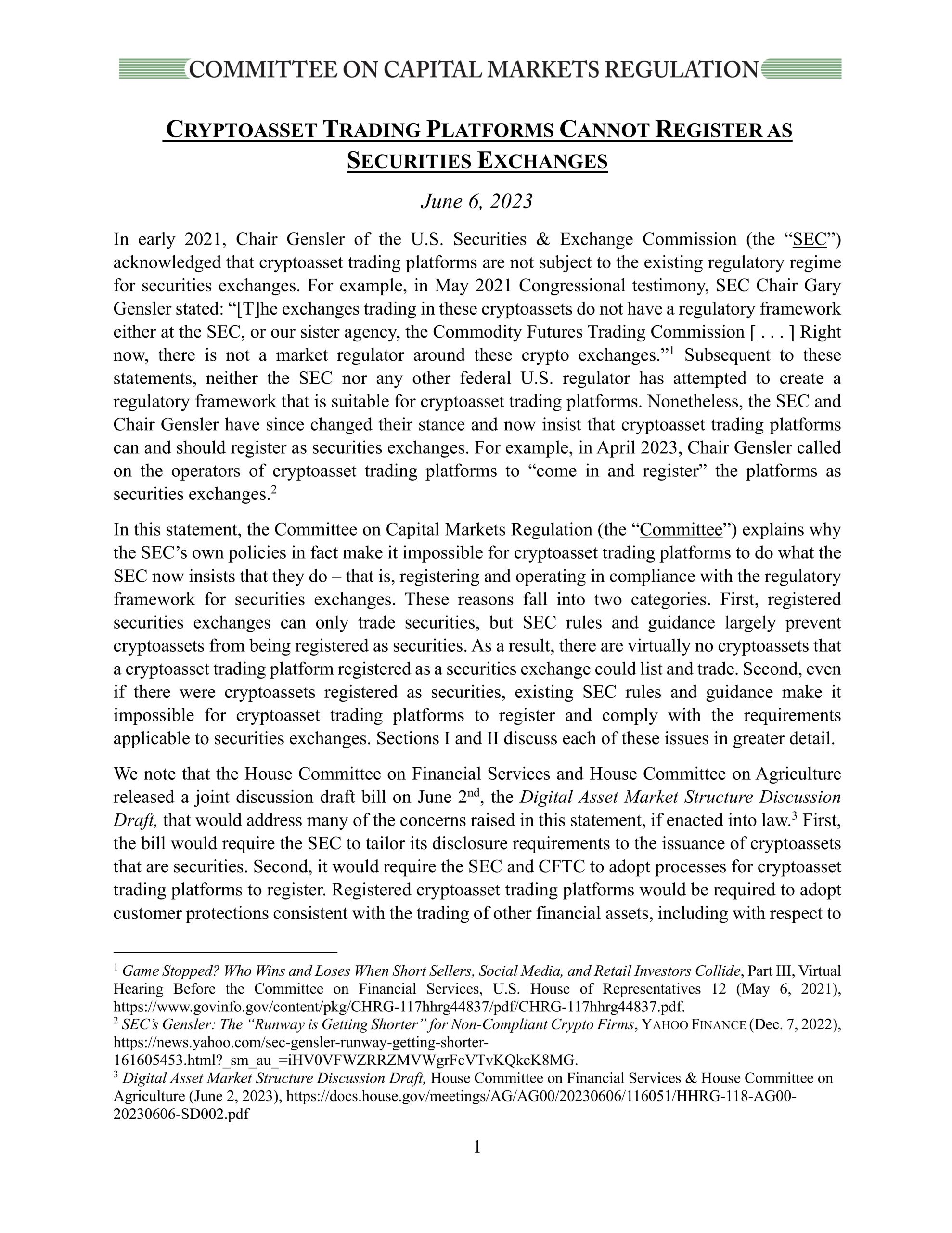 Cryptoasset Trading Platforms Cannot Register as Securities Exchanges