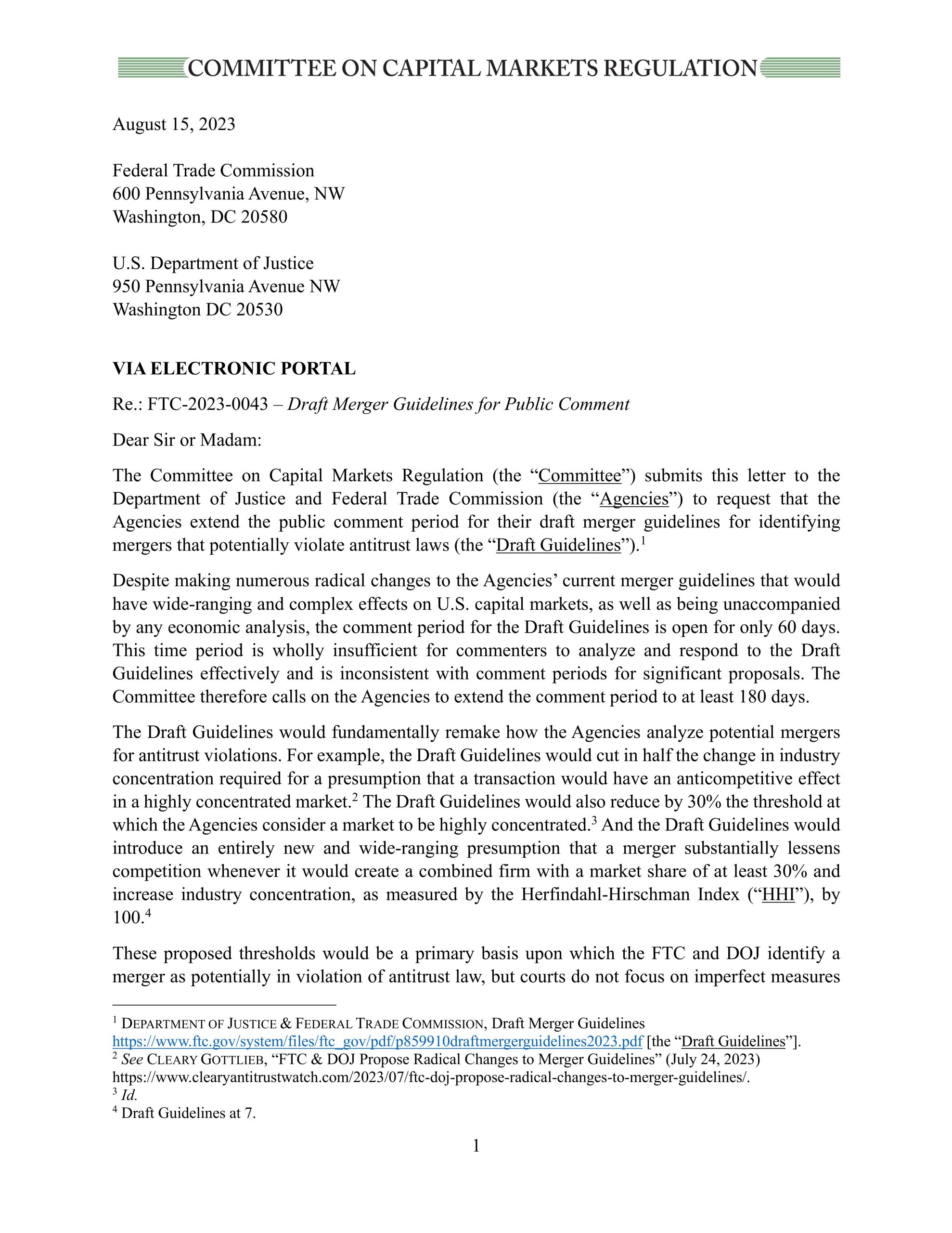 Comment Letter on Proposed DOJ-FTC Merger Guidelines