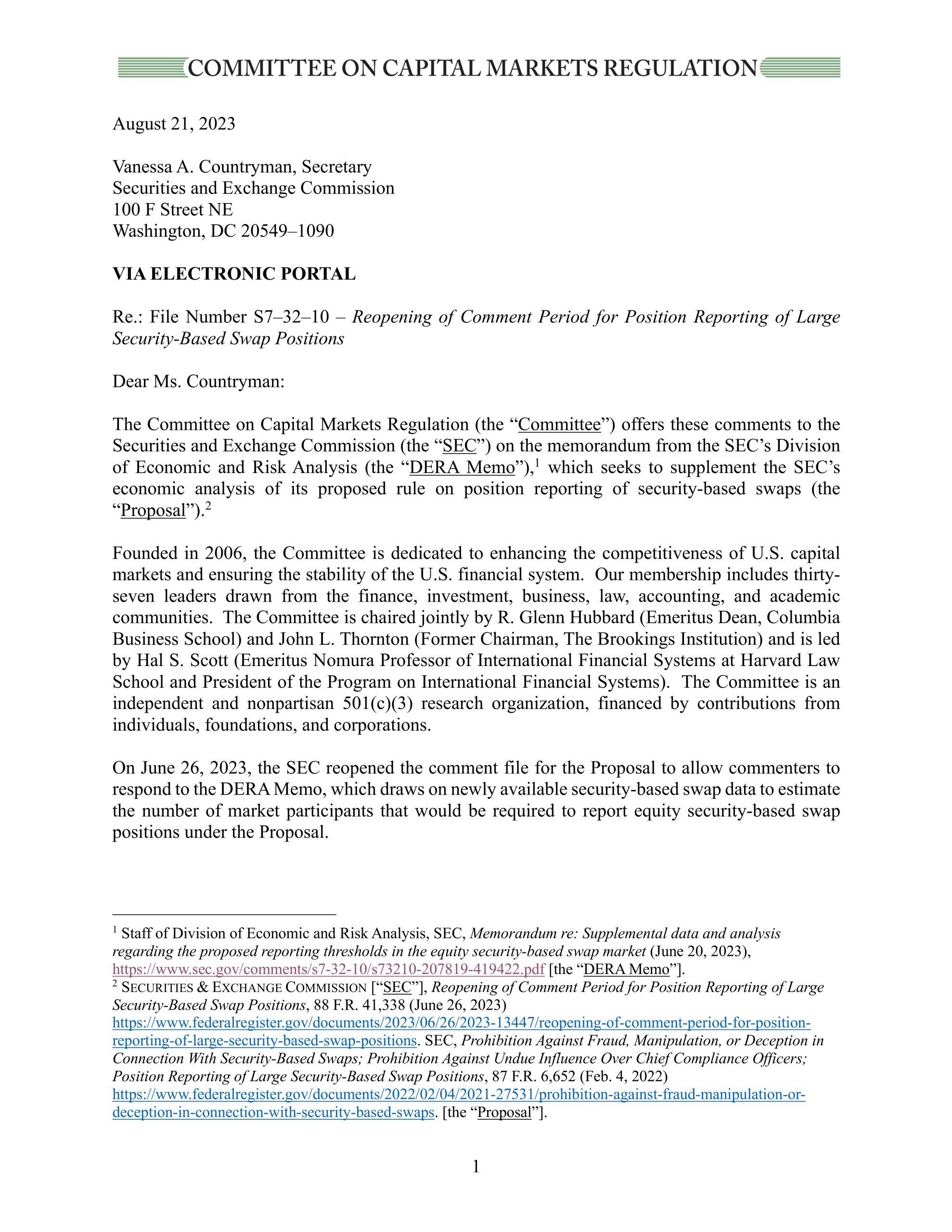 Updated Comment Letter on SEC’s Security-Based Swap Proposal