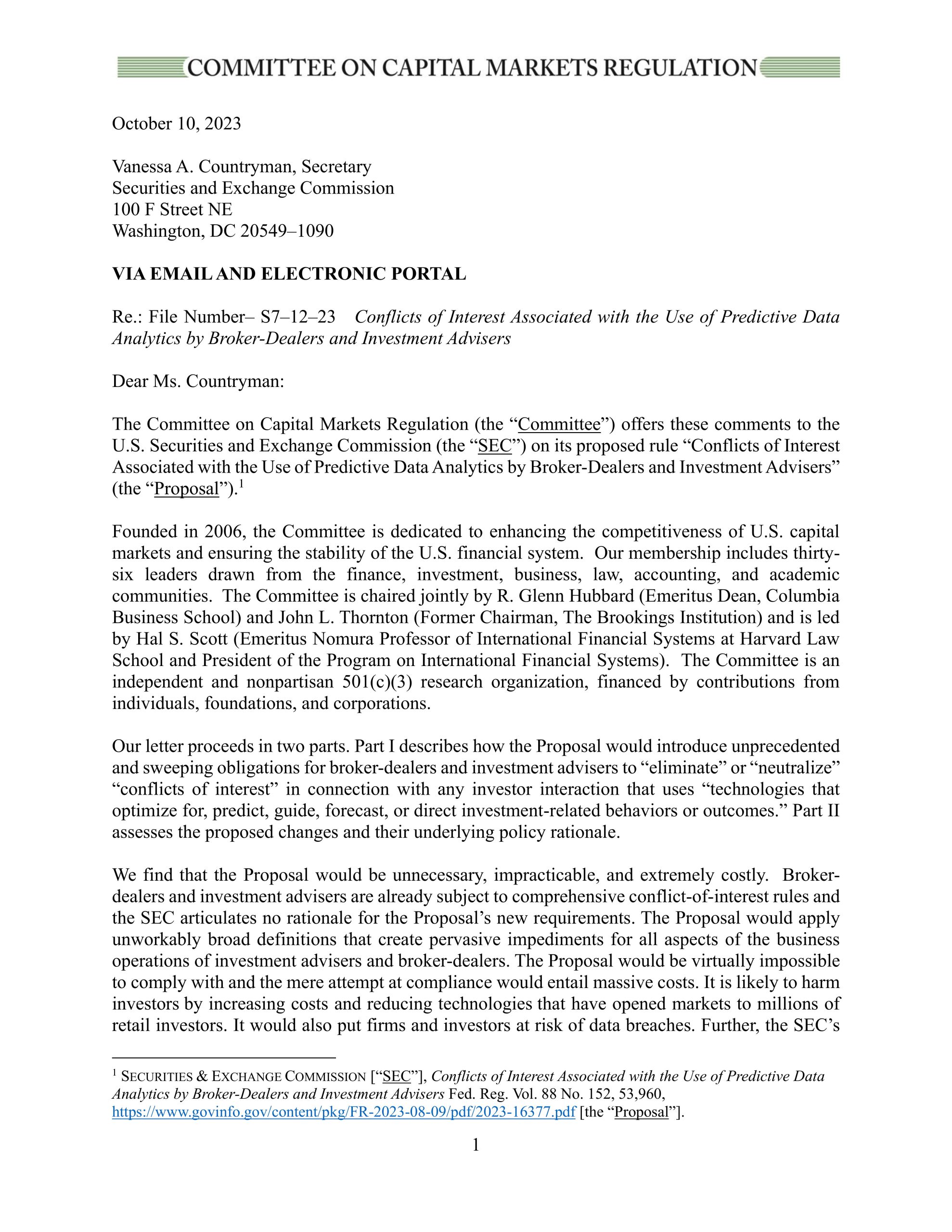 Comment Letter on SEC’s Predictive Data Analytics Proposal
