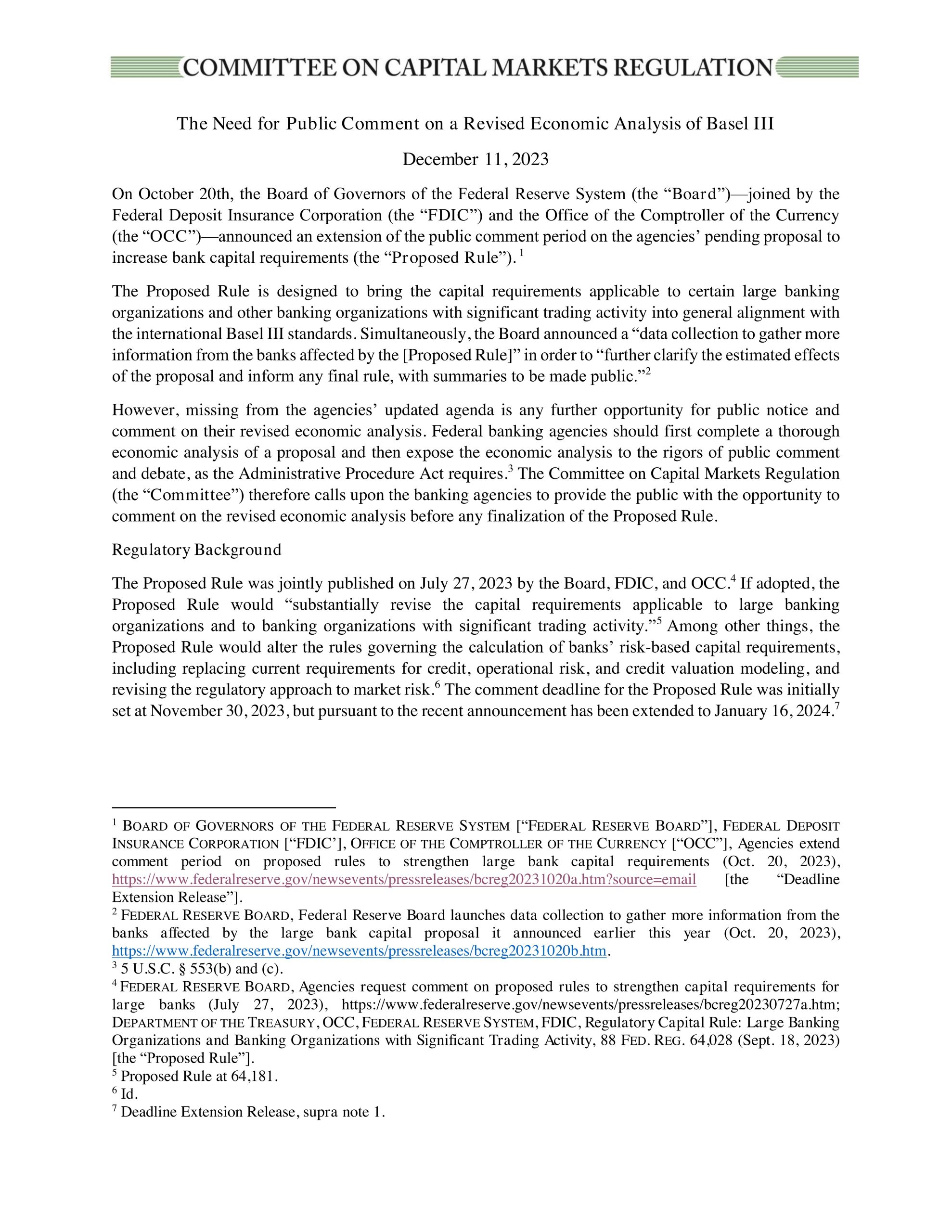 Statement on Basel III Economic Analysis and Public Comment Period