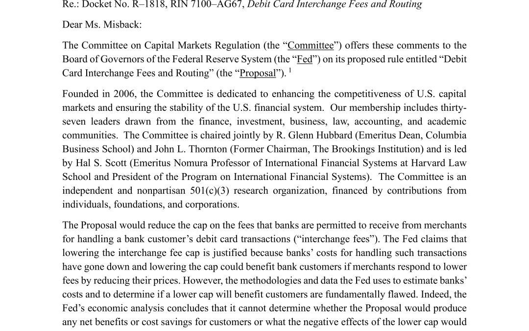 Comment Letter on the Fed’s Interchange Fee Proposal