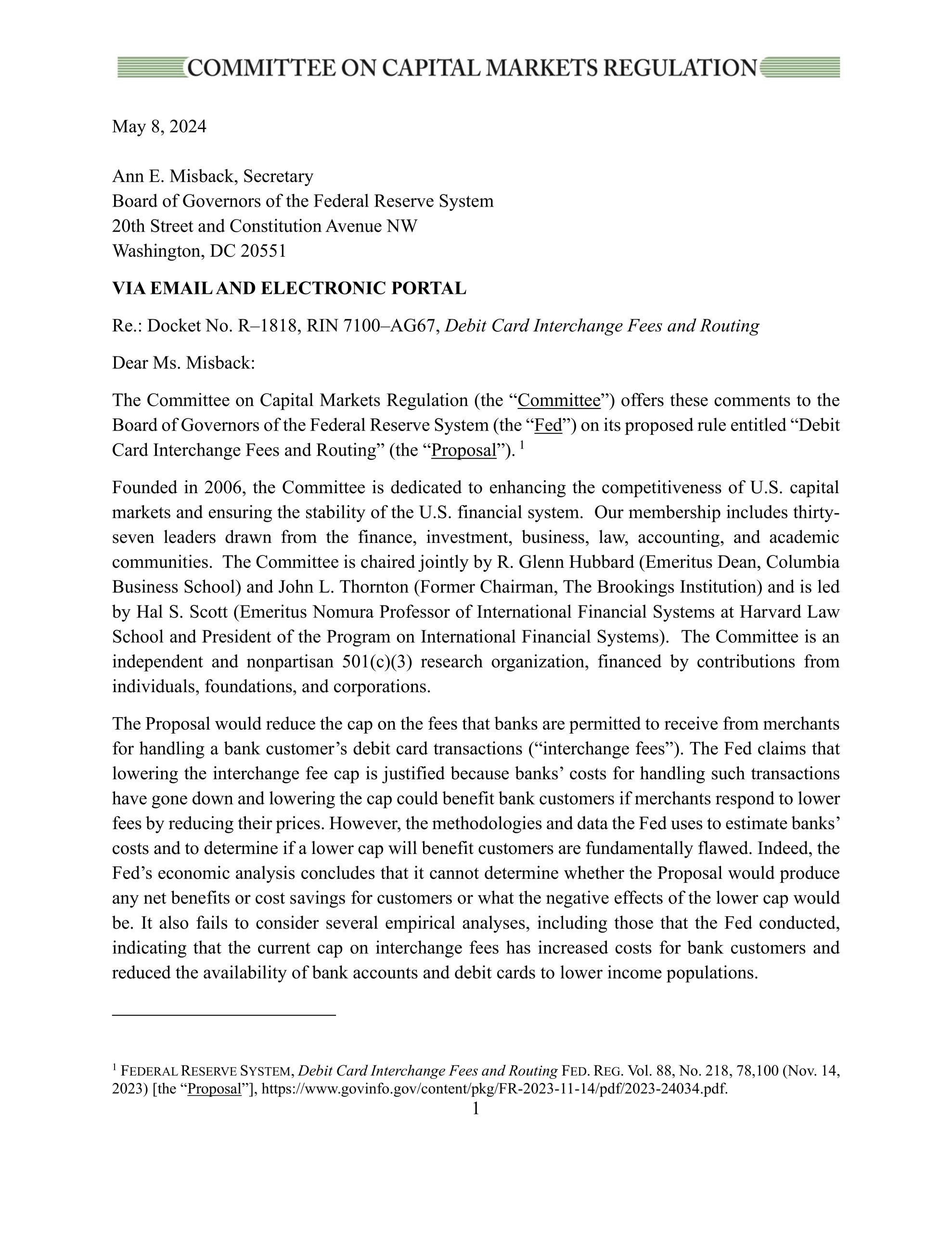 Comment Letter on the Fed’s Interchange Fee Proposal