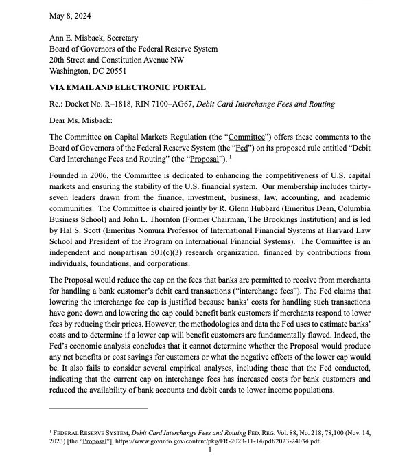 Comment Letter on the Fed’s Interchange Fee Proposal