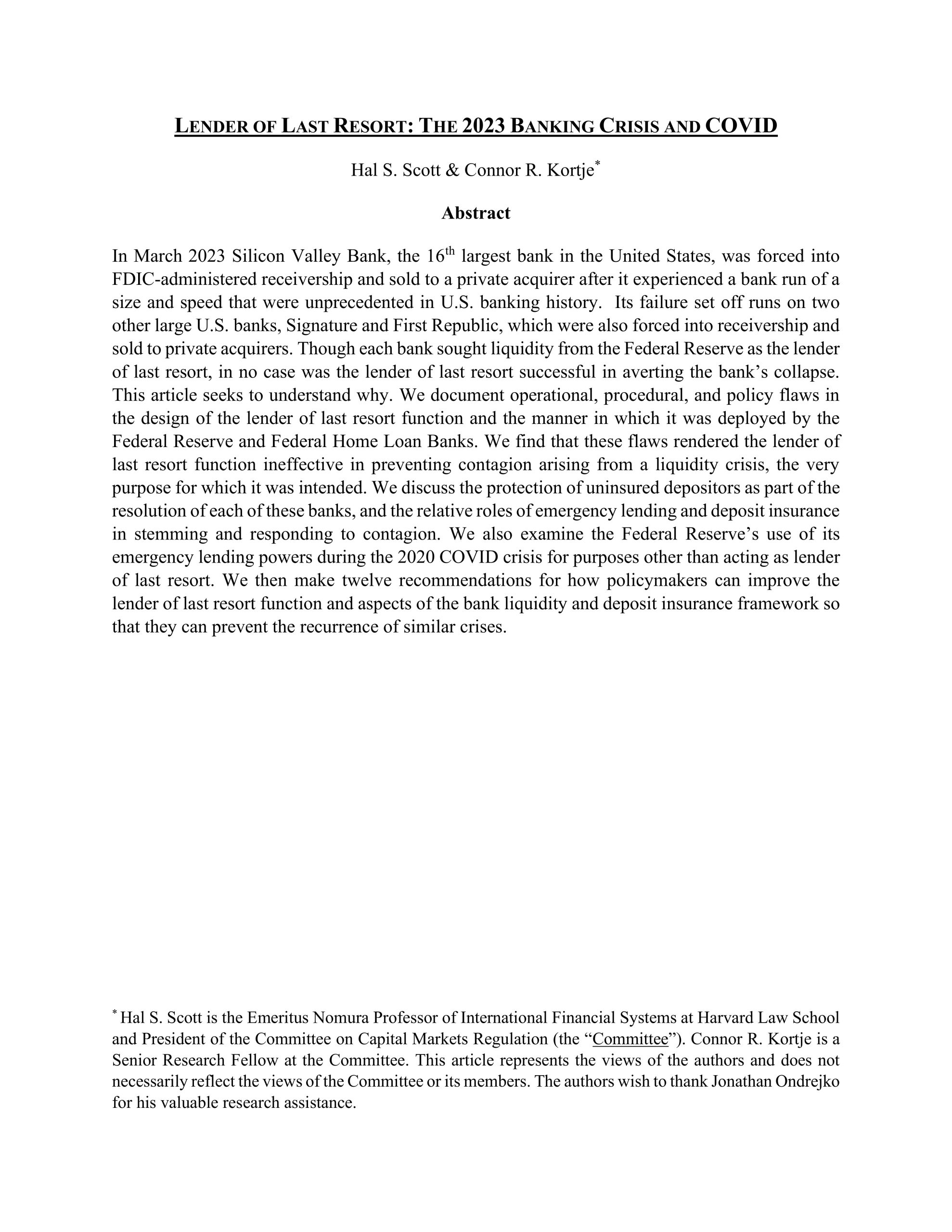 Hal Scott Co-Authors Article on Lender of Last Resort