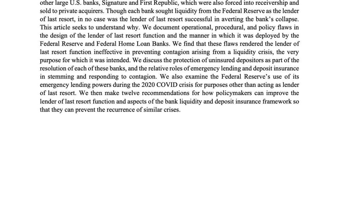 Hal Scott Co-Authors Article on Lender of Last Resort