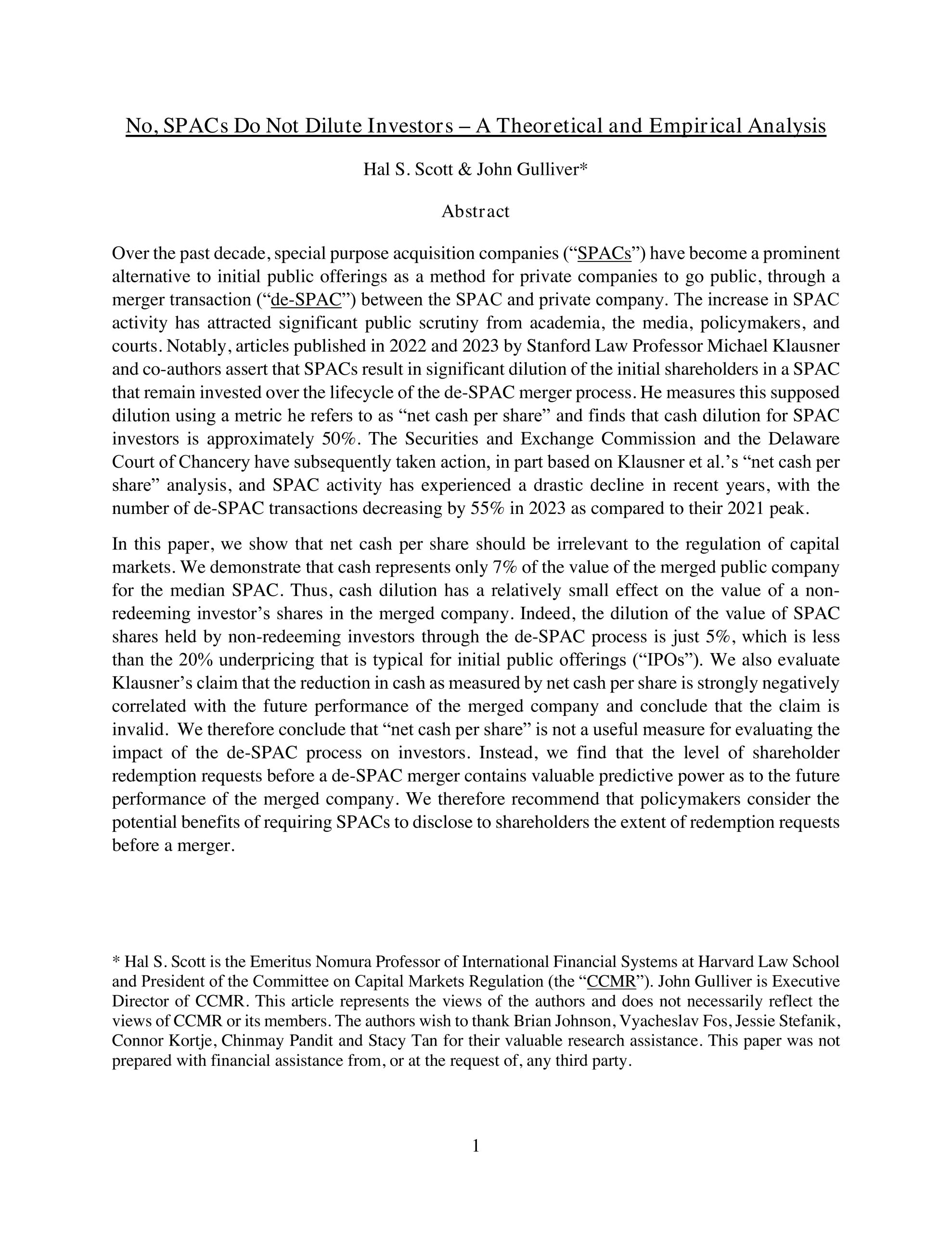 Hal Scott and John Gulliver Author Article on SPACs