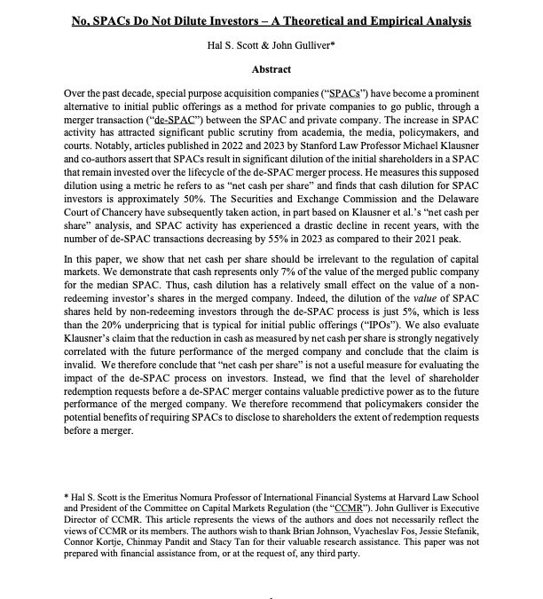 Hal Scott and John Gulliver Author Article on SPACs
