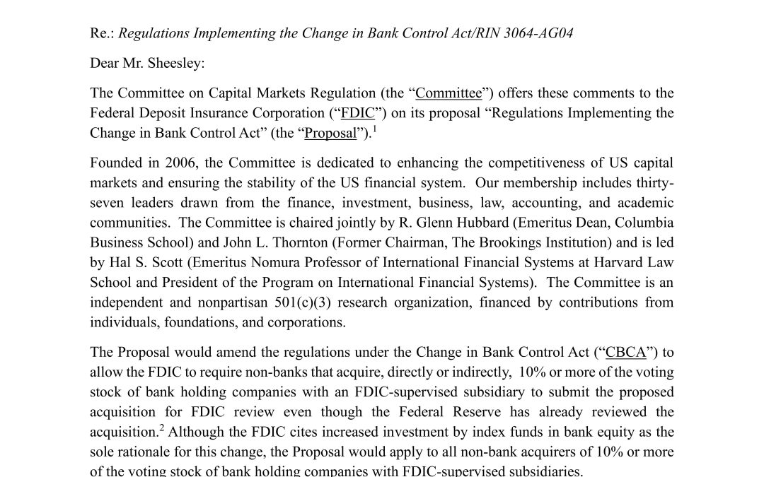 Comment Letter on the FDIC’s Proposal to Amend Regulations Under the Change in Bank Control Act