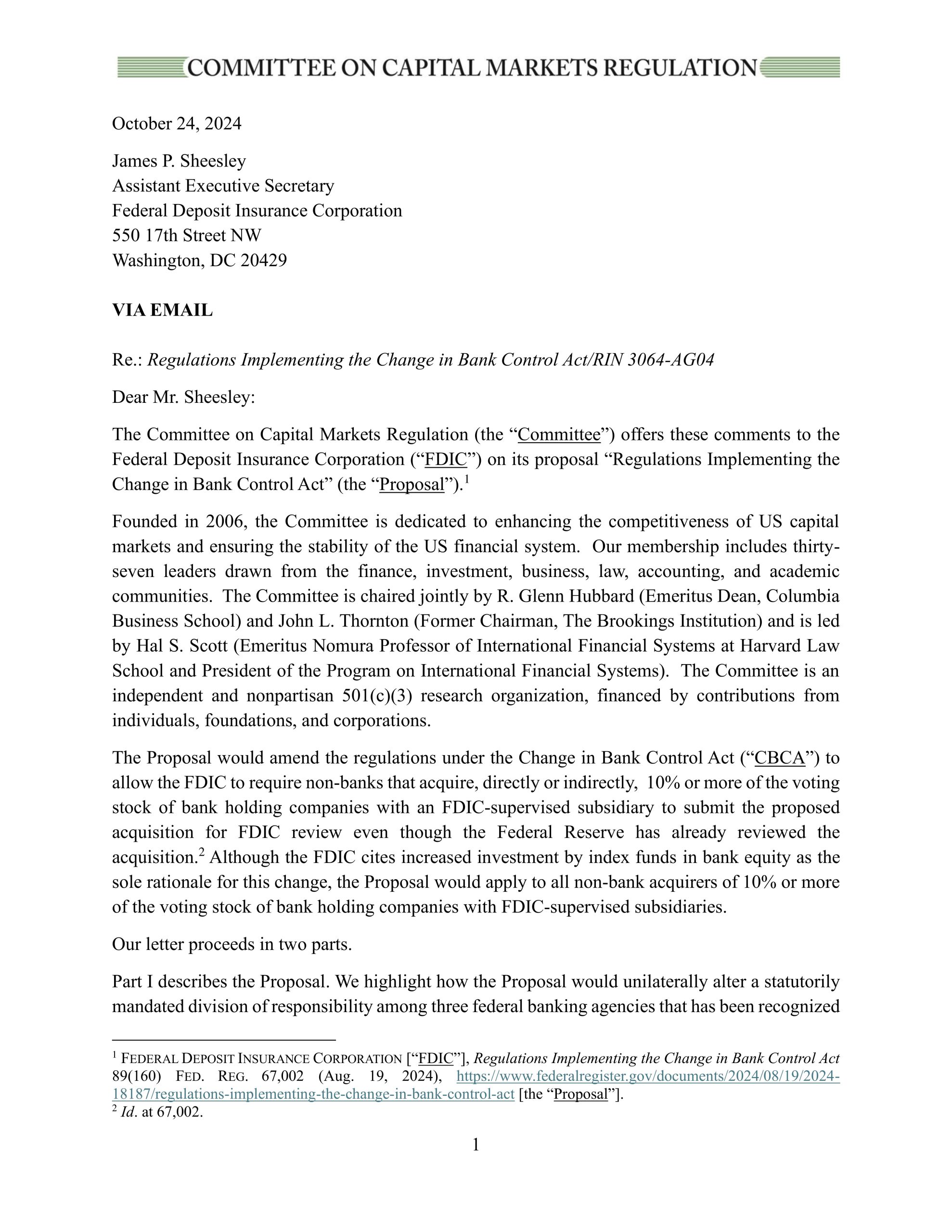 Comment Letter on the FDIC’s Proposal to Amend Regulations Under the Change in Bank Control Act