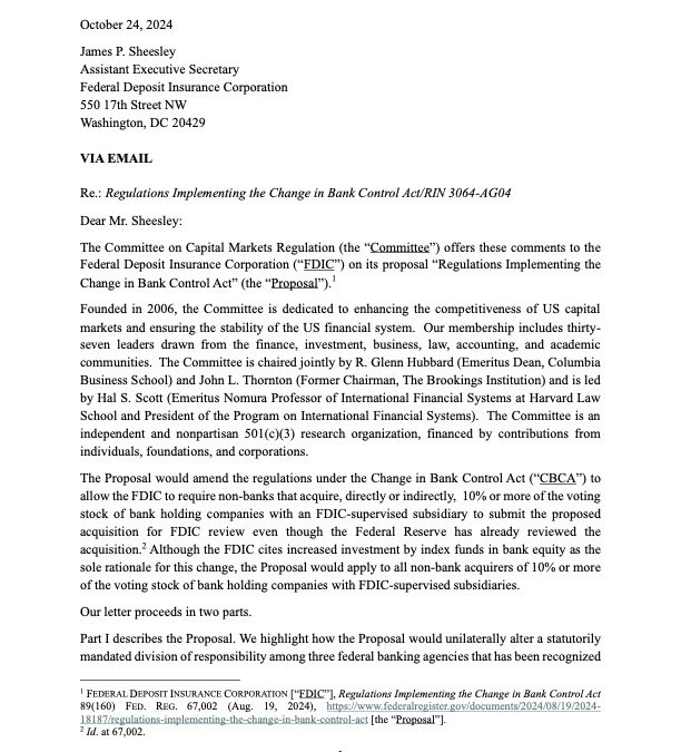 Comment Letter on the FDIC’s Proposal to Amend Regulations Under the Change in Bank Control Act