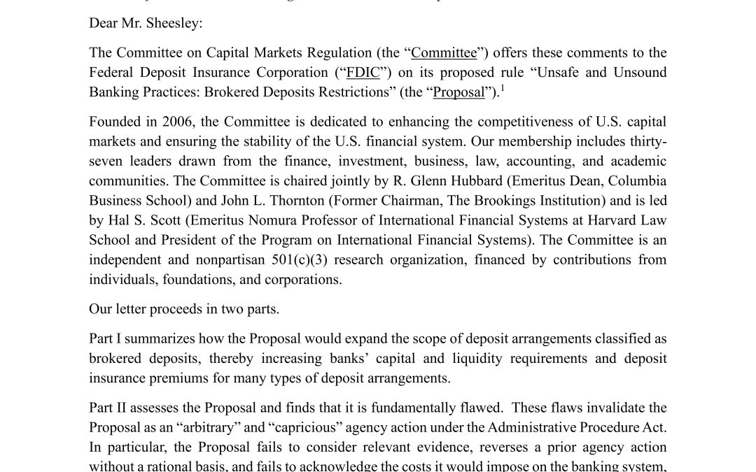 Comment Letter on the FDIC’s Brokered Deposits Proposal